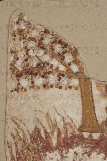 Wall painting. Tree and human figure in flames, Nubian workshop, wall paintings, tree iconographic, Polish excavations in Faras Sudan, yellow trunk, branches covered with dark green, brown, and red leaves and white round fruit. On one of the branches hangs a yellow vessel decorated with red stripes fragmentarily preserved. Under the tree are visible red flames, from which a yellow human head emerges. The painting was located immediately adjacent to the depiction of the anchorite Melas, painted on the left side of a composition showing Bishop Marianos with Christ and Hodegetria. Its fragmentary state of preservation does not allow for the unambiguous determination whether it belongs to a composition depicting the anchorite. Dimensions: 53 x 40.3 x 3.1 -3.5 cm; Original plaster: 47 x 35 cm; Date: ca. 1005–1036; Location of production: Faras Sudan; wall painting; height 53 cm, width 40.3 cm, depth 3.1–3.5 cm; original plaster height 47 cm, width 35 cm., A painted fragment showing part of ...
