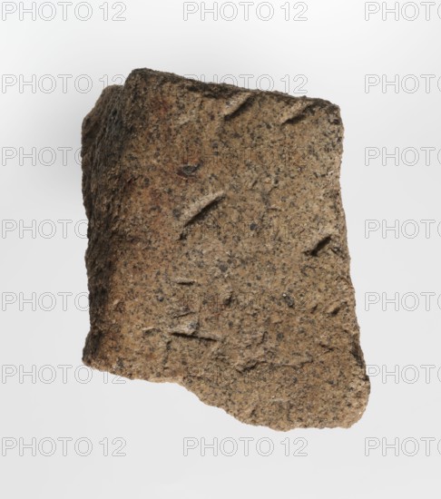 Inscription - fragment, unknown,  craftsman; inscriptions. Granite fragment with engraved hieroglyphic inscription, 760–653 BC; Third Intermediate Period; 25th Dynasty. Found at Old Dongola; inscription. Height 8 cm, width 7 cm., A roughly rectangular piece of rough, coarse rock with an uneven, jagged outline and a textured, pitted surface; the stone shows a dominant tan and brown coloration with speckles and flecks of darker gray and black, and a few warmer reddish-brown areas; the surface has several shallow, angular indentations and grooves, and one side appears more rugged and irregular while the opposite edges are slightly straighter; lighting creates soft shadows that emphasize the grainy texture against a plain, light background.