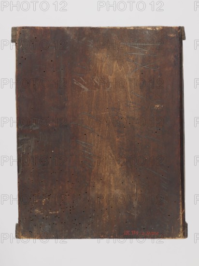Icon in a cover: Our Lady of Tikhvin, Russian workshop, possibly I.Ch., Mary mother of Jesus Christ, Our Lady of Tikhvin iconography, icons, Jesus Christ, icon covers, Our Lady and Child iconography, maphorion iconography, scrolls, ornaments. Canonical variant of the image of Our Lady of Tikhvin — colors predominating in green, vermilion, and ochre. The icon was most likely heavily repainted in the 2nd half of the 20th century. Cover consisting of a basma, background, and wreaths — brass repoussé, with very rich ornamentation, especially in the corners motif of candelabra, medallions with garlands. Frame covered with an engraved floral and plant pattern; applied haloes are surrounded by radially arranged leaves. 19th century, Russia. Icon with cover. Height 31.3 cm, width 24.2 cm., A rectangular wooden panel with a worn, dark brown surface showing lighter brown patches and scratches, small round holes scattered across the surface, and faint linear marks; the panel has slightly darker e...