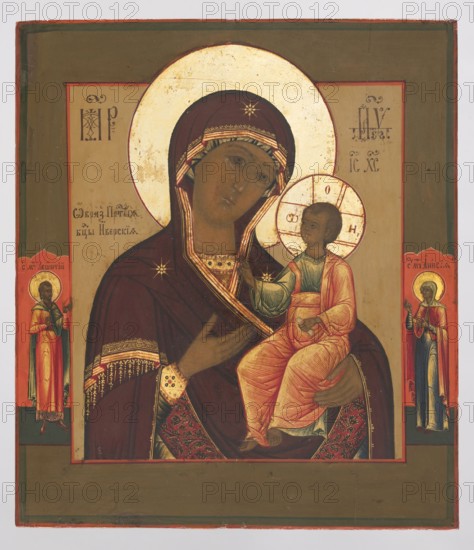 Icon: Our Lady of Iver, Russian workshop. Our Lady of Iver iconography; Mary mother of Jesus Christ; Leontius of Rostovsky St.; ?–ca. 1077; Janissia St.; Jesus Christ; Our Lady and Child iconography; maphorion; ornaments. The icon follows the canonical Iversky pattern, characterized by vivid, contrasting colors dominated by purple, red, green, and gilding, with abundant decorative motifs—notably on the robe and maphorion borders and the floral ornamentation on the robe lining. A very late work of Russian painting 2nd half of the 19th century that retains archaism, especially in elongated faces with dark olive-toned complexions and schematically marked delicate features. Features monograms MP made with a rope and IC XC, the inscription Image of the Most Holy Theotokos of Iveria on the arms of the cross and on the left side of the painting, and depiction of Leonty and the holy martyr standing in prayer. Shows signs of modern conservation. Monogram on the reverse of the board. Russia; ico...