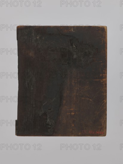 Icon: Cover of the Mother of God, provincial workshop; cover iconographic. Subjects: Mary Mother of Jesus Christ; Jesus Christ; saints and patriarchs including Romanos the Melodos St., ?–556, Andrew the Yurodivy St., 870–ca. 936 with his disciple Epiphanius, Proclus, Tarasius St., ca. 730–806, Emperor Leo VI the Philosopher 866–912. Iconographic elements: omophorion, maphorion; inscriptions. Description: The icon is divided into two registers. The upper register shows a procession of saints led by the Mother of God, turning to Christ in the upper left corner. The lower register centers on Romanos the Melodos, Andrew the Yurodivy with Epiphanius, Proclus, and Emperor Leo depicted with hands folded on his chest. Colors are dominated by gilding, red, blue, and pink. The upper frame features an identifying inscription in cinnabar. Date: second half of the 19th century. Place: Russia. Medium: icon. Dimensions: height 17.5 cm, width 14.5 cm., A rectangular wooden panel with a worn, rough sur...