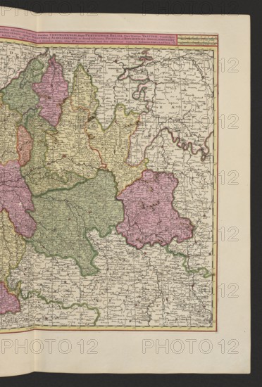 Aurelianensis Praefectura generalis in qua partiliter discriminati superiores Ducatus Cenomanensis, Regio Perticensis, Belsia, pars tractus Vastini, Ducatusque Nevernensis, intermedii Ducatus Andegavensis, Turonensis, Vindociensis, agrique Blesenis et Aurelianensis ac deniq inferiores, Pictavia et Pituriensis, Angolismensisq. Ducatus, una cum tractu Alentensi, quorum littoribus praetenduntur insulae tres, Nigri Monasterii et Grandior Regis alias Sti. Martini; Valck, Gerard 1651–1726 and Schenck, Pieter 1660–1711, cartographic map of France Orléans, Bourges, Tours, La Rochelle regions, 1711; map, height 49.3 cm, width 58.6 cm, An antique map page fills most of the image, showing a detailed cartographic area with region boundaries highlighted in muted colors including green, pink, yellow, and beige; the map is bordered by a thin red outline and surrounded by a wide cream-colored margin, with a darker charcoal background visible along the top and sides.