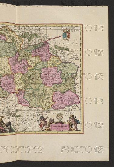 Diocese du Mans, vulgo le Maine, ubi olim Cenomani; Valck, Gerard 1651/1652–1726 publisher; Schenck, Pieter 1660–1711 publisher; map; cartography; France; Le Mans France; 1711; Amsterdam; height 42.0 cm; width 49.7 cm, The image shows a portion of an old colored map with irregularly shaped regions outlined and filled in shades of pink, green, and yellow, with thin black boundary lines and small clusters of dark green tree-like markings. There is a decorative coat of arms near the upper right with blue, red, white, and gold elements topped by a gold crown, and a decorative cartouche near the lower center featuring a few cherubic figures in flesh tones with accents of red, blue, and gold, one holding a small globe with gold and brown tones. The map paper is an off-white or cream color with a wide blank margin on the right and bottom in a pale beige, and a narrow dark border along the outer edge. Small black handwritten-style markings are scattered across the map area, and there are thin ...