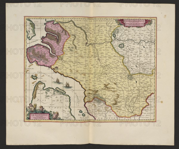 La Saintonge vers le Midy auecq. le Brovageais, terre d'Arvert &C.; Gerard Valck 1651/52–1726 and Pieter Schenck 1660–1711, publishers; Nicolas Sanson 1600–1667, author; map of La Saintonge, France Saintes; 1711; map, cartography; Amsterdam; height 44.3 cm, width 53.7 cm, An aged rectangular map printed on cream paper with a decorative border sits centered on a larger cream sheet; the map area shows landmasses and coastlines filled with pale yellow, pink, green, and brown hand coloring, with darker outlines in red and green along some borders; a few cartographic symbols and tiny pictorial hills in brown mark terrain, and several small ship illustrations appear on the pale blue-gray water areas; the map includes a decorative cartouche in the lower left corner featuring small cherubic figures and floral ornament colored in pink, green, brown, and flesh tones, and a ribboned title panel in the upper right with ornamental flourishes in pink and green; fine black ink lines form a grid and m...