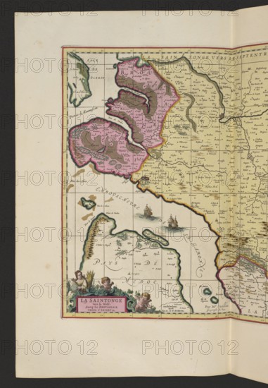 La Saintonge vers le Midy auecq. le Brovageais, terre d'Arvert &C. Map by Nicolas Sanson; publishers Gerard Valck and Pieter Schenk. Cartographic map of Saintes, France, 1711. Map; height 44.3 cm, width 53.7 cm., A portion of an old map showing coastal landmasses and islands with hand-colored regions in pink, yellow, green, brown, and beige, surrounded by off-white paper; decorative cartouche at the lower left with small cherub-like figures and foliage in green and brown, and a ribbon area in pink; two sailing ships illustrated on the sea with brown hulls and white sails; coastline details with green and brown shading, inland areas filled with beige and pale yellow, and several small green tree or hill symbols; thin grid lines and hand-drawn borders outlined in dark brown and highlighted with yellow and red tones; overall aged paper with light brown foxing spots and a darker margin on two sides.