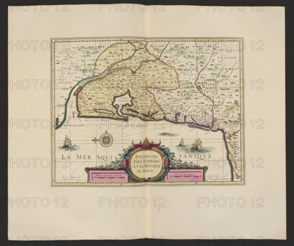 Bovrdelois, Pays de Médoc et la prevosté de Born; Gerard Valck 1651/1652–1726, publisher; Pieter Schenck 1660–1711, publisher; cartography/map of Bordeaux region, France; 1711; map; 37.6 cm × 48.0 cm., A rectangular map centered on a pale cream sheet with a narrow decorative border, showing a coastal region with land colored in pale yellow and green, outlined in thin brown and pink lines, and scattered small green tree symbols and tiny red-roofed building icons; the coastline is irregular with inlets and peninsulas, and the sea below the land is a light blue-gray with darker blue-gray shading for waves; ornamental elements include a multi-colored compass rose with green, red, and gold tones, several small sailing ships in brown and cream with white sails on the water, and a large ornate cartouche at the bottom center decorated in pink, blue, green, and gold with floral and scroll motifs; faint grid lines span the sea area, and thin black lines trace rivers and boundaries on the land, w...