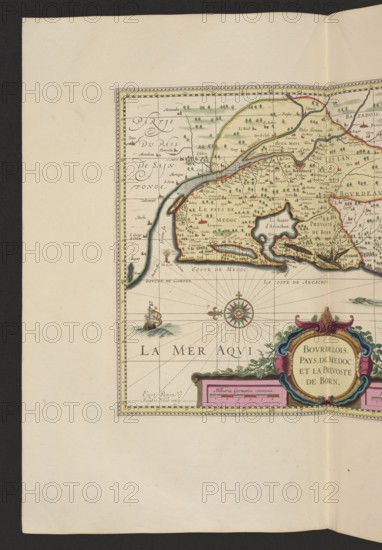 Bovrdelois, Pays de Médoc et la prevosté de Born; Valck, Gerard 1651/1652–1726 publisher; Schenck, Pieter 1660–1711 publisher; cartography/map of France — Bordeaux region; 1711; map; 37.6 cm × 48.0 cm., The image shows a vintage map section with a decorative border and a beige background, featuring a coastline with land colored in shades of green and tan and outlined in brown and red, and the sea in pale blue-gray with darker blue shading near the shore; a group of small stylized trees and tiny buildings in green and reddish-brown dot the land, and there are several curved inlets and peninsulas. A colorful compass rose with green, red, and gold accents appears over the water, and a small sailing ship with brown and cream sails is depicted on the sea. Ornate cartouches in deep blue, pink, red, and gold sit near the lower right, decorated with scrollwork and foliage in green, and a pale pink rectangular scale bar is partially visible. The map paper has a wide creamy margin and a vertical...