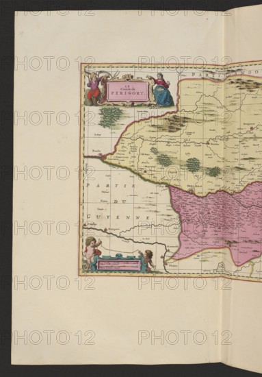 Le comte de Perigort; Schenck, Pieter 1660-1711 publisher; Valck, Gerard 1651/1652-1726 publisher; cartography; map of France; 1711; Amsterdam; map; height 35.5 cm; width 45.3 cm, The image shows a portion of an old map with a decorative cartouche in the upper left corner and another near the bottom left, both framed by ornate scrollwork. The map area contains hand-colored regions in pale yellow and pink with thin colored borderlines, pale green shaded hills and clusters of small green tree symbols, and scattered small hand-drawn map features. Two small cherubic figures are depicted near the bottom left cartouche, one with reddish clothing and the other with brownish hair, both rendered in flesh tones. The upper left cartouche is flanked by two seated figures, one wearing purple and red and the other wearing blue, both with pale skin tones. The map gridlines and faint hand-drawn rivers and roads are visible on a lightly aged cream background, with a wide cream margin surrounding the ma...