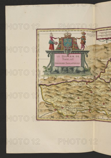 Le Diocese de Sarlat = Diocesis Sarlatensis; Pieter Schenck 1660–1711, publisher; Gerard Valck 1651/1652–1726, publisher; map of the Diocese of Sarlat; cartography; France; 1711; Amsterdam; map; height 36.7 cm; width 45.4 cm, A colored map fragment showing a decorative cartouche at the top left of the map with a central panel in pink framed by ornamental green and gray scrollwork, flanked by a small female figure in a red skirt and green bodice on the left and a male figure in brown and red clothing with a yellow hat on the right, both standing on a ledge; above the panel sits a blue shield with gold motifs and a gold crown, surrounded by red floral garlands, and below the panel rests a sculpted gray lion motif; the map area beneath shows a hilly landscape rendered in shades of tan, brown, and light green with winding red and yellow boundary lines and several small red town markers, all enclosed within a thin purple border on a cream paper background.