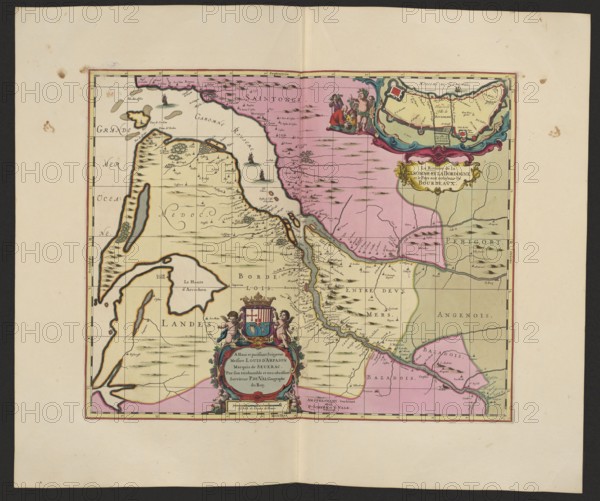 La Riviere de la Garomne et la Dordogne et la pays aux environs de Bourdeavx; map of Bordeaux region, 1711. Maker: Pieter Schenck 1660–1711; publisher: Gerard Valck 1651/1652–1726. Cartography; map; dimensions: height 43.0 cm, width 51.8 cm., A colored antique map sheet showing a rectangular map frame centered on a cream background with a dark outer margin; the map interior features regions filled with pale yellow and pale pink washes, with thin black grid lines and darker hand-drawn coastlines and rivers; decorative cartouches appear at top right and bottom center with small painted human figures and ornamental scrollwork in colors including red, blue, green, gold, and flesh tones; small stylized ships and clusters of short black strokes suggestive of waves or topographic marks appear in the sea and land areas; thin black ink place marks and small pictorial trees or hills are scattered across the pale areas; the map border is outlined in red and black, and the sheet shows small foxing...
