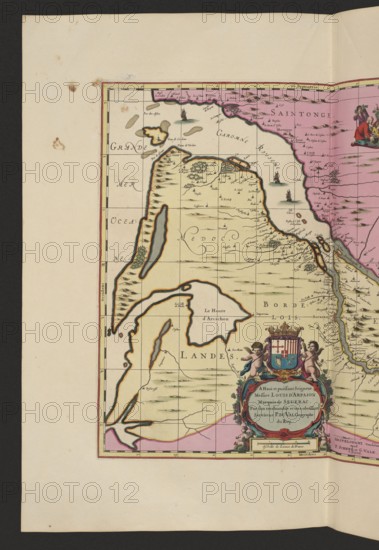 La Riviere de la Garomne et la Dordogne et la pays aux environs de Bourdeavx; map of France Bordeaux area, 1711; cartography by Pieter Schenck 1660–1711 and Gerard Valck 1651/52–1726; map; dimensions: height 43.0 cm, width 51.8 cm., A colored map fragment on aged paper with a cream background and a dark border, showing coastal and inland shapes filled with pale yellow, pink, and tan regions outlined in black and orange. A vertical strip of pink runs along the right edge, and a large pale yellow landmass occupies the center and left with darker tan contour shading and small green tree-like marks. Several blue-gray and greenish water bodies are inset within the land, and small stylized ships and wavy water strokes appear in the surrounding sea areas. There is an ornate cartouche near the lower right decorated with cherub-like figures in flesh tones, blue and pink drapery, and a small heraldic shield with red and blue sections, all accented with gold and green embellishments. Thin black g...