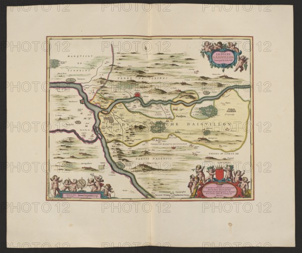Le duche D'Aiguillon; Schenck, Pieter 1660–1711 creator; Valck, Gerard 1651/1652–1726 creator/publisher; France; map of Lot and Garonne rivers; 1711; Amsterdam; map; height 40.0 cm; width 49.4 cm, A colored antique map centered on a river winding from the top left toward the bottom center, bordered by a beige paper background; the map area is framed with thin red and gold lines and shows irregular green hills, clusters of green trees, and scattered small brown buildings and red-roofed structures across a pale yellow landscape. The river is filled with bluish-gray tones and outlined in darker gray, with several sinuous oxbow shapes highlighted by thin colored borders in pink and yellow. Decorative cartouches occupy the top right and bottom right corners, featuring cherubic figures in skin tones with green foliage accents and a red shield in the lower cartouche, while the bottom left corner shows a group of cherubs around a pedestal with bluish and pink elements. The map includes small s...