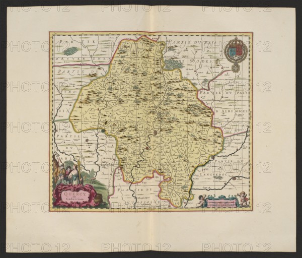 Quercy olim Cadurcium; Gerard Valck 1651/1652–1726, publisher; Pieter Schenck 1660–1711, publisher; cartography; France — Cahors; map; 1711; Amsterdam; dimensions: height 43.3 cm, width 47.7 cm., A rectangular antique map with a wide cream-colored border showing a central detailed map area in pale yellow outlined with pink and green border lines, with many small stylized brown and green hill and tree symbols scattered across it and thin black winding river lines; the map is divided by faint grid lines and contains several decorative cartouches: one lower left with a group of three seated and standing figures in muted green, blue, brown, and pink beside a large ornate pink scroll, and one lower right with two small cherub-like figures in skin tones flanking a teal and pink decorative panel, plus a circular heraldic emblem in the upper right featuring metallic gold, blue, and red elements; the overall palette includes cream, pale yellow, pink, green, brown, teal, blue, red, and gold, wit...