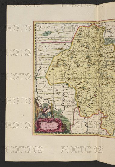 Quercy olim Cadurcium, Valck, Gerard 1651 aut 1652-1726 publisher, Schenck, Pieter 1660-1711 publisher, cartography, France, Cahors France, map, 1711, Amsterdam, height 43.3 cm, width 47.7 cm, A portion of an antique map sheet showing the left half of a detailed map panel with hand-colored boundaries and terrain markings; the map area has a pale yellow background with shaded brown hills, clusters of green trees, and thin winding dark lines for roads or rivers, while some border lines are outlined in pink and yellow. Along the left edge is a wide pale beige margin and a narrow decorative border in red and yellow framing the map. In the lower left corner there is an ornate cartouche in deep pink with decorative scrollwork, set against a small scene of a group of several people wearing period clothing in muted colors including green, blue, brown, and off-white, with a green landscape behind them. The map contains many small dark script-like marks and tiny pictorial symbols scattered over ...
