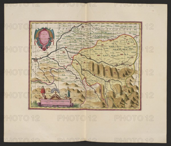 Le pais de Bearn; cartographic map of Béarn, France Aquitaine; makers: Pieter Schenck 1660–1711 and Gerard Valck 1651/1652–1726 publishers; date: 1711; place of publication: Amsterdam; medium: map; dimensions: height 37.6 cm, width 47.5 cm., A colored map centered on a rectangular cartographic area surrounded by a decorative border, placed on a light beige sheet with a darker outer margin; the map area shows a landscape with rolling hills and a range of jagged mountains rendered in brown and tan shading, interspersed with small green tree symbols across flatter areas, and several winding dark blue rivers and thin pink and yellow boundary lines. In the upper left of the map area is an ornate cartouche featuring teal and pink drapery and red decorative elements. Near the lower edge of the map area is a decorative panel in pink with two small standing human figures flanking a smoking brazier atop a low plinth, and additional small sculptural elements and greenery nearby. The overall palet...
