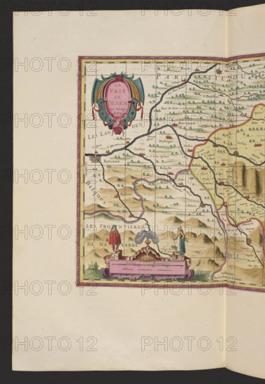 Le pays de Béarn; Pieter Schenck 1660–1711 and Gerard Valck 1651/52–1726, publishers; cartography/map of Béarn, Aquitaine, France; 1711; Amsterdam; map; dimensions: 37.6 cm × 47.5 cm., The image shows a colored portion of an old map framed by a pink and gold border, with a large cream-colored margin around it; within the map area there are beige and light brown rolling hills, green clustered tree symbols, sinuous black and pink lines representing routes or borders, and small red and brown building icons scattered across the landscape. In the upper left of the map area a decorative cartouche features teal, pink, and gold ornamental flourishes with a central oval filled with pink, while toward the lower center a pink ornamental panel rests on a grassy base and supports a small sculptural scene with a figure in red cloak and a figure in blue standing beside a smoking brazier and a mound, with green grass at their feet; the map background also includes pale yellow and tan regions and thin ...
