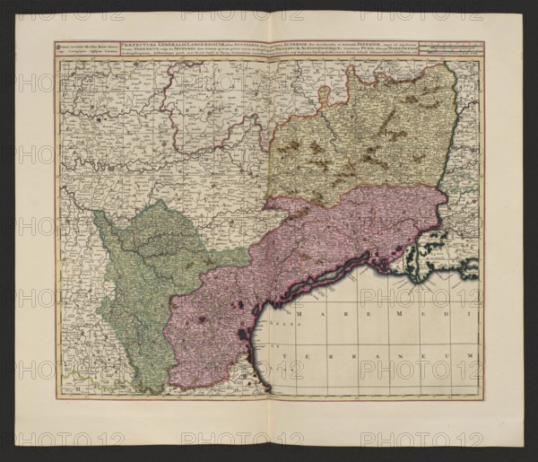 Praefectura generalis Languedociae olim Occitania dicta, cujus partes, superior sive occidentalis, et orientalis inferior, atque ad Aquilonem tractus Cebenicus vulgo les Sevennes sunt, primam quarum praeter suos in Archiepiscopatum Tolosanum, Albianensemque, Comitatum Fuxii, alteram Narbonense, Archiepiscopatum, Ambarumque porro, ut et tertia parte in varias primariarum earundem urbium dicecese atq. regiones episcopalenses, exacte hacce tabula disitinxit. Gerard Valck 1651/52–1726 and Pieter Schenck 1660–1711, map of Languedoc France, 1711; map; height 48.7 cm, width 57.7 cm., A rectangular, aged paper map with a pale beige background and darker beige border area, showing a coastal region with a large sea area at the bottom right colored a very light tan; the land is divided into several irregular regions shaded in muted green, muted pink, and pale yellow, each outlined in thin colored lines. The map contains a dense array of tiny printed place marks and short lines indicating settleme...