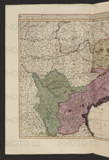 Praefectura generalis Languedociae olim Occitania dicta, cujus partes, superior sive occidentalis, et orientalis inferior, atque ad Aquilonem tractus Cebenicus vulgo les Sevennes sunt, primam quarum praeter suos in Archiepiscopatum Tolosanum, Albianensemque, Comitatum Fuxii, alteram Narbonense, Archiepiscopatum, Ambarumque porro, ut et tertia parte in varias primariarum earundem urbium dicecese atq. regiones episcopalenses, exacte hacce tabula disitinxit. Gerard Valck 1651/1652–1726 and Pieter Schenck 1660–1711, map of Languedoc France, 1711, Amsterdam; map; height 48.7 cm, width 57.7 cm., An antique map page showing a large rectangular map with a pale cream background surrounded by a thin red border and wider off-white margins, depicting a region divided into multiple irregularly shaped areas filled with different pale colors; a group of areas are shaded green and another group are shaded pink, with thin dark outlines separating them and additional pale yellow and subtle blue tints vi...