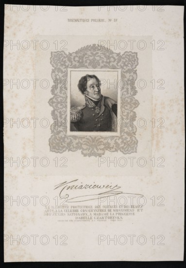 Karol Otto Kniaziewicz 1762–1842; Oleszczynski, Antoni 1794–1879 graphic artist, author; Byczkowski, Tytus 1801–1843 painter, co-author; men; Kniaziewicz, Karol Otto 1762–1842 — iconography; Oleszczynski, Antoni 1794–1879 — dedication from; Czartoryska, Izabela née Flemming 1746–1835 — dedication to; Polish miscellany Varietés polonaises, 1831, Paris; graphic print., A rectangular off-white sheet with uneven light brown spotting contains a centered engraved portrait set inside an ornate decorative border; the portrait shows a man in period military attire with a high collar and epaulet, dark hair, and a neutral expression, rendered in shades of gray and black. The decorative border around the portrait features floral and scroll motifs in gray. The background of the sheet is off-white with visible foxing spots in light brown, and there is a dark signature-like flourish below the portrait in black. The outer edges of the sheet show a thin dark margin. Colors visible include off-white, gr...