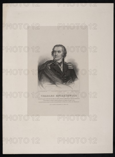 Karol Otto Kniaziewicz 1762–1842; Hopwood, James ca. 1752–1819; st. graphic artist, author; Kurowski, Józef Szymon 1809–1851 graphic artist, co-creator. Depicts men; iconography of Karol Otto Kniaziewicz; male portraits. Illustration for La Pologne historique, 1839–1841, Paris. Graphic print; height 30.2 cm, width 20.5 cm., The image shows a monochrome portrait print of a man centered on a large off-white sheet, with the portrait area framed by a lighter rectangular background. The man is depicted from the chest up, wearing a dark military-style coat with decorative shoulder epaulettes and a cloak draped over one shoulder; his hair is medium length and swept back, and his expression is neutral as he looks slightly to his left. The portrait rendering uses shades of black, gray, and white, and the surrounding paper is off-white to cream with a narrow darker border around the sheet. There are subtle speckles and small marks on the paper surface.