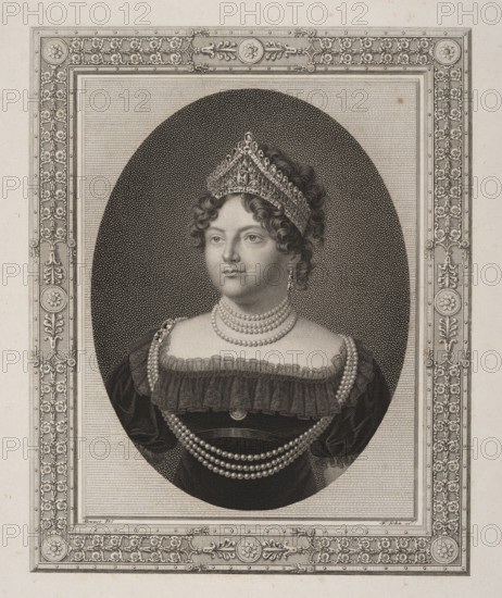 Maria Feodorovna Sophie Dorothea of Württemberg, 1759–1828, wife of Tsar Paul I. Engraving after a portrait painted by Jean Henri Benner in 1821 by Friedrich Theodor Michael John 1769–1843. Depicts Maria Feodorovna wearing a diamond tiara and pearl necklace. The tiara, made around 1800, consists of 1,386 Brazilian diamonds and Indian briolettes, with a historic 13-carat pink diamond at the center purchased by the Tsar. Engraving dedicated to Helena Radziwill, née Przezdziecka 1753–1821. Graphic print; height 29.9 cm, width 22.4 cm., A grayscale engraved portrait shows a woman with curled hair wearing an ornate tiara and drop earrings, a dress with puffed sleeves and a ruffled neckline, and several layered pearl necklaces and a pearl sash; she is set inside an oval vignette with a densely stippled background, all framed by an elaborate rectangular decorative border featuring floral and geometric motifs.