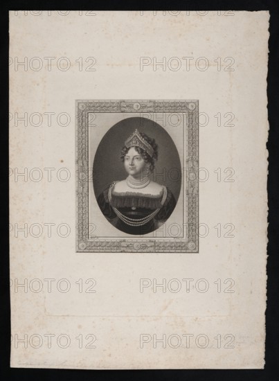 Maria Feodorovna Sophie Dorothea of Württemberg, 1759–1828, wife of Tsar Paul I. Engraving after a portrait painted by Jean Henri Benner in 1821 depicting Maria Feodorovna wearing a famous diamond tiara and a pearl necklace. The tiara, made around 1800, contains 1,386 Brazilian diamonds and ancient Indian briolettes and is centered by a historic 13-carat pink diamond purchased by the Tsar. Friedrich John Friedrich Theodor Michael John, 1769–1843 — who studied in Vienna, painted portraits including Józef Poniatowski after Benner and later turned to illustrations from 1822 — is associated with the engraving; the print bears a dedication to Helena Radziwill née Przezdziecka, 1753–1821. Graphic print, Vienna, 1821. Height 29.9 cm, width 22.4 cm., A monochrome engraved portrait of a woman set within an ornate rectangular frame and an inner oval vignette, showing a bust-length view of a woman with curled hair and a decorative headpiece, wearing a dark off-the-shoulder dress with layered ruff...