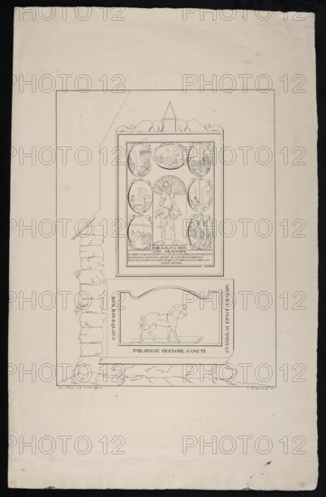 Tomb of Boleslaw the Brave in Osjak, lithograph by Ignaz Bergmann after Gabriel Charton's lithographic workshop, 1818. Signed: Impr. Litogr. chez G. Charton a Geneve left and J. Bergmann fc. 1818 right. Line drawing printed at the Lithographic Workshop of Gabriel Charton in Geneva. Depicts the alleged tombstone of Boleslaw II the Brave 1039–1081. According to a legend first recorded by Maciej of Miechów in 1521, after the murder of St. Stanislaus Boleslaw lived in penance as a silent monk in Osjak; the tomb adjacent to the church bears the inscription Boleslaus Poloniae occisor sancti Stanislaviae Cracoviensis and the remains of an 11th-century knight were found within. 1818, Geneva; print graphic print; height 32.8 cm, width 24.2 cm., A large off-white sheet with a central rectangular framed drawing showing a decorative panel and a lower plaque; the framed panel contains a tall central figure flanked by several oval vignettes and ornamental scrollwork, all rendered in fine black linew...