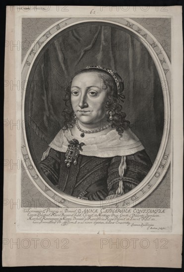 Anna Catherine Constance 1619–1651, daughter of Sigismund III Vasa. Portrait of Anna Catherine Constance Vasa, based on a painting from life by Johann Spilberg, executed shortly after her marriage to Philip William. Artist attributions: Johann Spilberg 1619–1690; young painter, co-author, Theodor Matham ca.1605–1676 graphic artist, author. Biographical details: seventh and youngest child of Sigismund III Vasa and Constance of Habsburg; raised at the court of her half-brother King Wladyslaw IV; known for pleasant manner and deep religiosity; married Philip William 1615–1690 in Warsaw on June 8, 1642; died 1651 and buried in the Jesuit Church in Düsseldorf. Date: 1640–1645. Medium: graphic print. Dimensions: height 42.0 cm, width 29.6 cm. At the bottom of the sheet a strip of cream-colored laid paper is glued, with two filigree fragments visible: a coat of arms filigree and a filigree with a leaf and fragment of a grapevine., A monochrome engraved portrait of a woman shown from the chest...