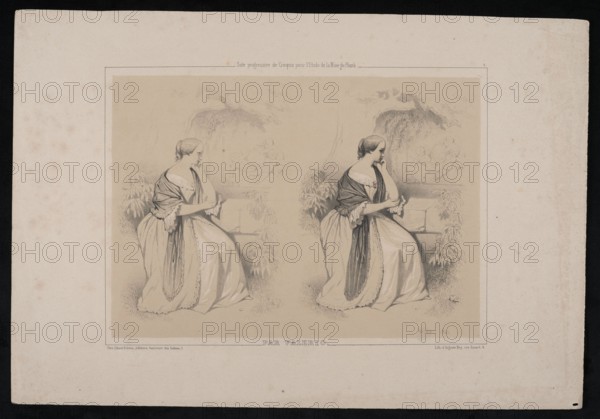 Lady Seated at a Monument; lithograph published by Gihaut Freres Paris, 1815–1871; lithographer: Bry, Edme Auguste Marc 1805–1880; draughtsman: Théodore Valério 1819–1878; subject: lady seated at a monument with putti; figure study/sketch of a print; date: 1842; place: Paris; medium: print graphic print; sheet size: 20.2 × 27.7 cm; framed/matted size: 28.5 × 41.9 cm, The image shows a printed sheet with a central rectangular vignette containing two nearly identical sketches of a seated woman in profile, each facing inward toward the center; she has her hair pulled back and is resting one elbow on a stone ledge while her hand touches her face, wearing a long flowing dress and a draped shawl. The background of the vignette includes foliage and a suggestion of a tree or overhang behind her, with softer sketch marks indicating leaves and branches. The overall sheet has a wide pale border around the vignette and darker outer edges. Visible colors include shades of beige and cream for the pa...