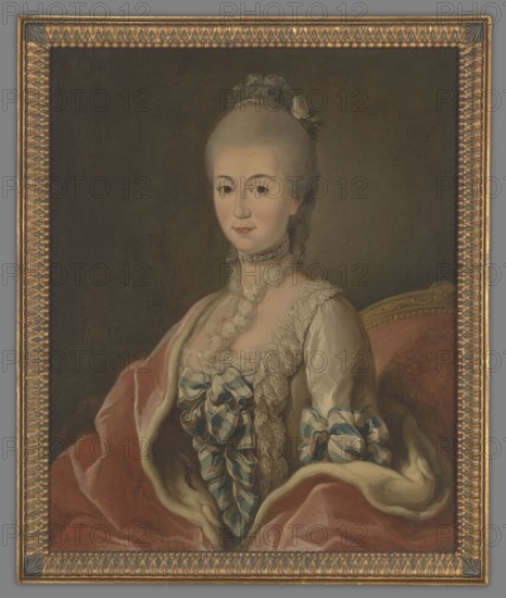Wiktoria Pociejowa, née Potocka 1744–1771, unknown author. Seated torso of a young woman, three-quarters turned to the left, looking straight ahead. Hazel eyes. A gray wig, pinned atop her head with a string of diamonds, features a white rose. She wears a white dress with a neckline trimmed with white lace; the bodice and sleeves are trimmed with white and blue ribbons. A red cloak lined with ermine is draped over her right shoulder. A diamond bindi is around her neck. Circa 1760, Poland. Portrait. Height 78.5 cm, width 63.8 cm., A framed oil portrait shows a seated woman with pale skin and powdered hair adorned with small flowers, wearing a high lace collar and a choker. She wears a gown with cream lace and silk, featuring a striped bow in shades of blue and cream at the bodice and matching bows at the sleeves. A draped cloak or fabric in muted rose and cream folds around her lap and shoulders. The background is a dark, muted brown-green, and the frame is ornate with gold tones and de...