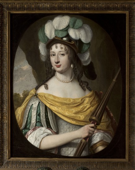 Christina Vasa 1626–1689 in Minerva's costume, painted by Pieter Nason 1612–ca.1688/1690. The identification of the portrayed person is not certain. The helmet, armor, and lance are attributes of Minerva, the Roman goddess of peace and victory, patroness of art and science. The portrait combines iconographic elements of Minerva Pudica and Alma, 17th-century representations of the goddess. The painting has traditionally been recognized as a portrait of Christina, Queen of Sweden, who was called Minerva of the North by her contemporaries. 1663, Netherlands. Portrait; 89 × 69 cm., A framed oil portrait of a woman shown from the waist up, wearing a decorative helmet topped with large white and green plumes, dark curled hair with short ringlets at the forehead, and pearl earrings and a pearl necklace; she has a pale complexion and a neutral facial expression with slightly red lips. She is draped in a golden yellow fabric over armor with scalloped metal plates and green and white sleeves, on...