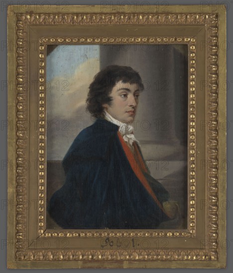 Konstanty Adam Czartoryski 1773–1860, painted by Josef Abel 1764–1818 painter, portrait of Konstanty Adam Czartoryski, 1799, oil on canvas, portrait., A framed painted portrait of a young person shown in profile facing right, wearing a dark blue cloak with a visible red lining and a white neck scarf, with dark wavy hair and a pale complexion; the background shows a muted sky with pale blue and beige tones on the left and a gray architectural element on the right.