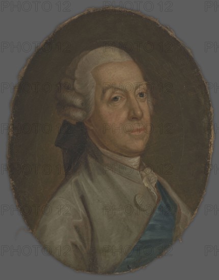 Andrzej Zamoyski 1716–1792, unknown artist, Bust three-quarters left; grey eyes, powdered wig en catogan tied with a black ponytail; in a grey-green tailcoat, with a white halter and jabot, with the ribbon of the Order of the White Eagle; olive background. One of many copies of a lost portrait painted by Louis Marteau, 4th quarter of the 18th century, portrait, unknown place of creation, without frame: height 50.5 cm, width 38.2 cm, with frame: height 74 cm, width 62.3 cm, An oval oil portrait of an older man shown from the chest up wearing a powdered wig with curled side rolls and a tied black ribbon at the back, his face pale with subtle pinkish tones and neutral expression, light-colored eyes, and slightly pursed lips; he wears a light grayish coat with a high collar and a decorative pale neck cloth, and a diagonally draped blue sash across his chest; the background is a dark, muted brownish-olive with a worn, textured edge showing the painting’s oval shape, and visible colors inclu...