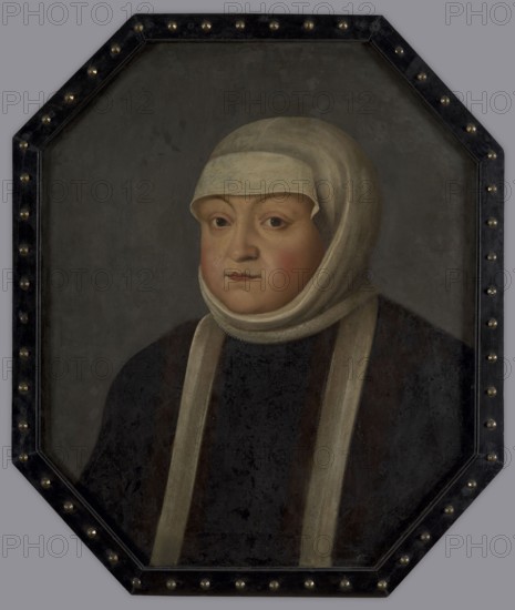 Bona Sforza d'Aragona 1494–1557, c. 1643, unknown artist. Portrait, oil on panel, height 61.5 cm, width 51.5 cm. The portrait is probably the work of a local painter, the same who painted the portrait of Charles II of Styria, and is modeled on Lucas Cranach's image of the queen from the set of 10 miniature portraits of the Jagiellonian family. The painting bears a white number 510 on the lower right of the face and does not have a signature or royal gallery number on the reverse. There exists an oval copy 59 x 46 cm from a series of seven preserved oval copies of the Marble Room cycle, most likely from the beginning of the 19th century., A portrait of a person wearing a light beige head covering and a matching wrap around the neck, with a dark brown or black garment beneath; the face has pale skin with pinkish cheeks and neutral expression, brown eyes, and visible eyebrows. The background is a muted gray. The painting is set in an octagonal dark wooden frame with a few round metallic s...