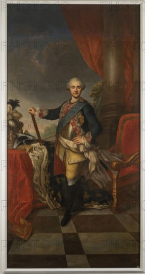 Stanislaw August Poniatowski 1732–1798 in cuirass, unknown artist from the circle of Stanislaw August Poniatowski's court. Early portrait of the king with attributes of the monarch and commander — in the uniform of the Cadet Corps and cuirass, wearing the Order of the White Eagle 1756, holding a regiment in his right hand; in the background a helmet with a plume, a tricorn military hat, and an ermine royal cloak. The portrait pose follows the canon of monarchical imagery used in the third quarter of the 18th century. One of the earliest portraits of the king, predating similarly posed portraits by Per Kraff 1768. Before these, only two likenesses known in the literature, both by unspecified painters: Christoph Werner en pied and an unidentified Grandis. Dated before 1768. Portrait, height 316.0 cm, width 161.0 cm., A full-length portrait of a man standing indoors on a checkered floor, wearing ornate historical clothing including a dark blue coat with red and gold embroidered details, a...