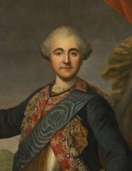 Stanislaw August Poniatowski 1732–1798 in cuirass, from the circle of Stanislaw August Poniatowski's court; early portrait of the king with attributes of the monarch and commander — in the uniform of the Cadet Corps and cuirass, with the Order of the White Eagle 1756, holding a baton or regiment in his right hand; background shows a helmet decorated with a plume, a three-cornered military hat, and an ermine royal cloak. The portrait pose follows the canon of monarchical imagery used in the third quarter of the 18th century. One of the earliest portraits of the king, dated before 1768. Portrait, height 316.0 cm, width 161.0 cm., and place of creation., A painted portrait of a person shown from the torso up wearing a powdered gray hairstyle and a dark blue coat with elaborate red and gold embroidered sashes and metallic-looking decorations; the face has a neutral expression with pale skin and subtle pink cheeks, and the eyes look forward. The background shows a muted gray sky and a group...
