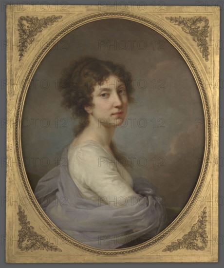 Marianna Zamoyska, née Granowska 1774–1846. Portrait by John Lampi the Elder 1751–1830. Oil painting, portrait, half-length; body in profile, head turned three-quarters to the left. Dark hair pinned high, braids falling along the neck and left shoulder. White dress with a blue coat draped on the shoulders. Cloudy sky background. Inscription on the reverse of a later copy: Maria, née Granowska, the entailor of Zamoyska. Date: 1801 original; later 19th-century copy 4th quarter., A painted portrait of a young person with pale skin and curly brown hair, shown in three-quarter view inside an oval frame; they wear a light-colored garment with a sheer lavender shawl draped around the shoulders, and their expression is calm with slightly turned lips and relaxed eyes. The background is a soft mix of muted grays and blues with subtle cloud-like shapes. The oval painting sits within a rectangular decorative frame that is gold in color with ornate floral corner embellishments and a beaded inner ed...