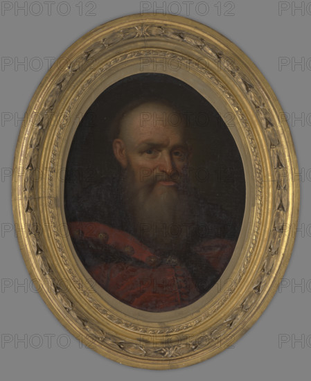 Stefan Czarniecki 1599–1665, unknown copyist from Bacciarelli's painting circle. Portrait of Stefan Czarniecki on canvas, oval shape, framed in a wide heavy late 19th-century frame. The bust shows the hetman in a red zupan fastened at the neck with a decorative button and a red delia with a wide fur collar. The head, with expressive features — prominent nose, full mouth, wide eyebrows over deep-set eyes, and a long thick beard — is turned three-quarters to the viewer’s right. Neutral dark brown-olive background. Painted during the first half of Stanislaw August’s reign; reminiscent of a 17th-century full-length portrait of Czarniecki with a baton. Circa 1780, Warsaw. Painting; height 58 cm, width 45 cm., An oval framed oil portrait shows an older man with a long gray beard and receding hairline looking toward the viewer; his face is illuminated against a dark background, revealing skin tones of warm beige and rosy highlights and a solemn expression. He wears a red garment with darker r...