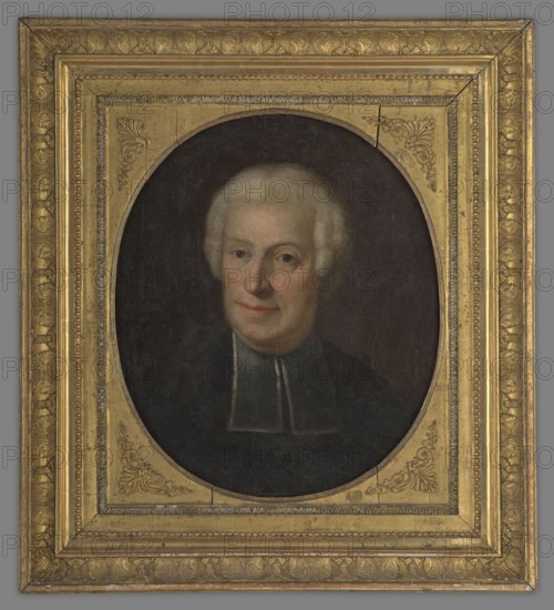 Wojciech Antoni Samin 1765–1830 - portrait of a priest, Famous preacher from the period of the Kosciuszko Uprising and the Duchy of Warsaw. Author of a collection of patriotic sermons. Unity, harmony and love of citizens.... Patriotic sermons from the period of the Kosciuszko Uprising and the Napoleonic Wars held in churches of the Archdiocese of Warsaw 1793–1810, read, selected and edited from manuscripts by Zbigniew Sudolski, 18th/19th century, Poland, portrait, painting, height 48.5 cm, width 41.2 cm, A painted oval portrait of an older person with pale skin and white hair set within an ornate rectangular gold frame; the face shows neutral expression with visible eyes, nose, and closed mouth, and the person wears a dark garment with a lighter rectangular detail at the front; the background inside the oval is dark brown to black; the frame is richly carved and gilded with decorative patterns and a few darker cracks and worn areas, showing gold, muted browns, and touches of gray.