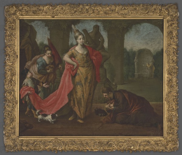 Genre scene in the park, unknown author, 1st half of the 18th century, painting, height 50.1 cm, width 63 cm, A painted scene framed by an ornate gold frame shows a woman standing centrally wearing a gold dress with blue accents and a red drape, a crown on her head, and a hand on her hip; to her left a woman in blue and brown kneels or leans while a child in muted clothing holds part of the red drape and a small white and black dog stands near their feet; to the right a man in dark brown and red robes kneels or bows on the floor with his hands clasped, and a dark object lies near him; the background contains stone columns and arches in shades of gray and green, a distant stone structure and a small standing figure in muted colors, and the overall palette includes gold, red, blue, brown, green, gray, black, white, and muted flesh tones.
