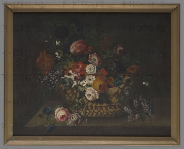 Flowers in a Wicker Basket, unknown painter, 1st half of the 19th century, painting, height 68 cm, width 85.5 cm., A framed painting of a woven basket overflowing with a floral arrangement placed on a flat surface, showing a variety of flowers with visible petals and leaves in colors including red, white, pink, yellow, orange, blue, purple, green, and dark brown set against a dark background, with the basket rendered in warm golden brown tones and the frame in muted gold.