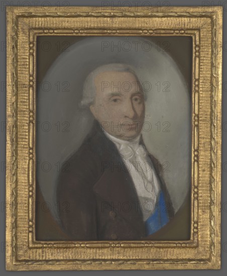 Michal Hieronim Radziwill 1744–1831, unknown author; portrait of Radziwill in a brown uniform with a blue ribbon of the order, a white vest and a white scarf tied in a bow; hazel eyes, swarthy complexion; powdered wig; bust against a green-brown oval inscribed in a dark green rectangle; ca. 1790 after W. Piwkowski 1795., A framed painted portrait of a man shown from the torso up, wearing a dark coat and a white cravat, with a sash visible in blue; his hair is light gray and styled back, his face is pale with neutral expression and subtle shadowing, and he is set against a soft oval gray background. The ornate rectangular frame around the painting is textured and gold in color. The overall visible colors include gold, gray, white, dark brown, blue, and pale skin tones.