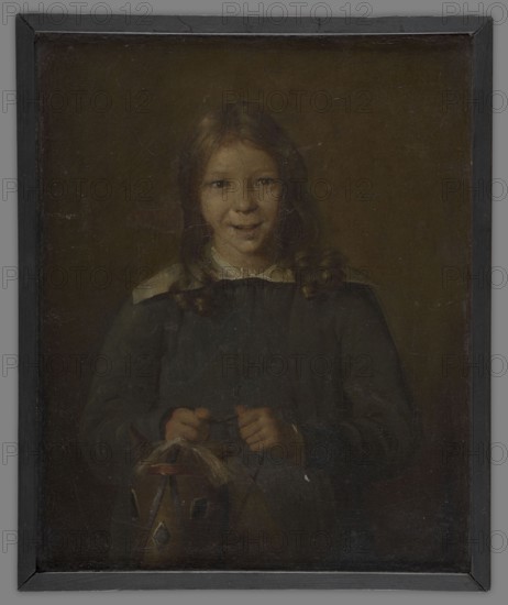 Boy sitting on a wooden horse, 19th century, portrait, height 27.5 cm, width 22 cm, A portrait of a young person with light brown hair worn loose in curls, wearing a dark garment with a lighter collar, against a muted brown background; the subject holds a painted wooden toy with visible triangular cutouts and a few pale tassels, and the overall color palette includes shades of brown, dark gray, black, pale skin tones, and small areas of lighter beige.