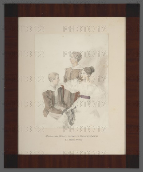 Portrait of Michalina 1816–1883, Karol 1821–1886 and Zygmunt Radziwill 1822–1892; Radziwill née Stecka, Aleksandra 1796–1864 author, ca. 1838, Poland; portrait; height 43.5 cm, width 34.2 cm., A framed watercolor portrait shows a group of three young people positioned closely together on a pale background; a young woman sits in the foreground wearing a white dress with puffy sleeves and a dark belt, her dark hair styled in a bun and a long earring visible, while two boys in brown coats with white collars sit and stand beside her, one seated looking toward her and one standing behind looking to the side. The painting is mounted on a creamy off-white mat and enclosed in a dark brown wooden frame with a warm reddish tint and subtle wood grain. The visible colors include white, brown, cream, pale gray, muted purple, and touches of gold.
