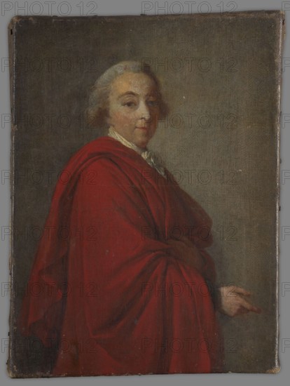 Adam Kazimierz Czartoryski 1734–1823, attributed to Vigée-LeBrun, Elisabeth Louise 1755–1842 painter; half-figure portrait in profile turned to the right, head and eyes three-quarters to the right. Grey wig; right arm bent at the elbow. Draped in a red cloak-cape with visible hem of a white jabot. Grey-olive background, brightened on the right side. 18th century, Poland. Portrait. Height 26 cm, width 19.5 cm., A portrait of a person shown from the waist up wearing a voluminous red cloak draped across the shoulders and arms, with a pale face and light-colored hair styled close to the head, a light-colored garment visible at the neckline, a relaxed facial expression with eyes looking slightly toward the viewer, a pale hand extended to the side with fingers pointing, a muted dark grayish-brown background, and visible canvas texture and aged edges in the image.