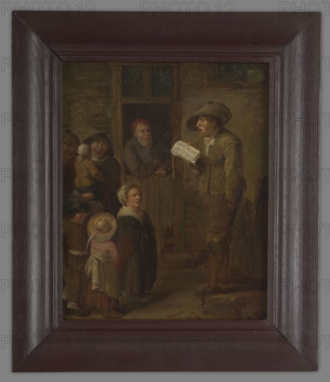 Genre scene by Michal Piotr Radziwill 1853–1903, painted 1881. Inscription on the loom indicates it was a gift for his wife Maria née Zawiszów. Oil painting, height 29.0 cm, width 24.4 cm. Painted by Peel after the original by Radziwill — attribution uncertain., A framed painting showing a group of people gathered indoors around a standing man who holds an open book; the man wears a wide-brimmed hat and earth-toned clothing in shades of brown and muted green, and his face is turned toward the group. Several children and adults form a small cluster to the left, wearing garments in colors including brown, beige, cream, pale pink, and dark green, and one child wears a hat with a pale ribbon. Behind the group a doorway and a dark interior are visible with wooden architectural elements in deep brown and olive tones, and an older man leans on the doorway wearing darker clothing with a reddish cap. The floor and surrounding walls show worn, textured surfaces in brown, tan, and gray, and the p...