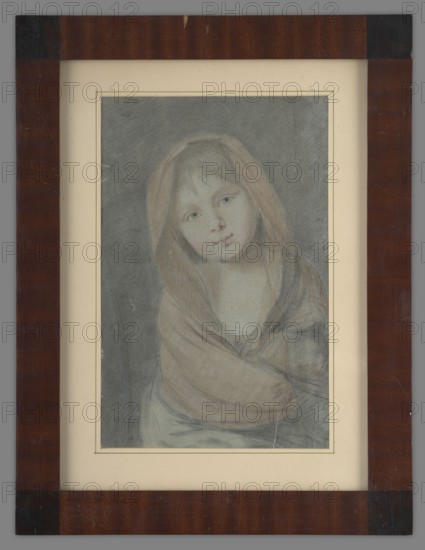 Krystyna Radziwillówna 1776–1796, unknown artist, circle of patronage of Helena Radziwill. Bust of a little girl facing forward, head tilted to the left, wrapped in a shawl, ca. 1783. Portrait, height 36.2 cm, width 26.5 cm., A framed portrait of a young person wearing a hooded shawl, shown from the torso up, with a tilted head and a neutral expression; the portrait is rendered in soft, muted tones with visible shading and pencil or pastel-like texture, featuring a grayish background and skin tones that appear pale with subtle pinkish highlights; the shawl is rendered in warm beige and light brown hues, and the clothing beneath shows muted blue-gray tones; the frame surrounding the portrait is a dark reddish-brown wood with darker corner accents and a cream-colored mat that has a narrow inner border.