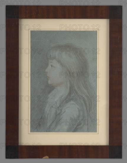 Michal Gedeon Radziwill 1778–1850 — painter. Boy, ca. 5 years old, in profile turned to the left. Long light hair falling on his shoulders. Dressed in a jacket and shirt with a lace collar. Pastel on bluish-gray paper, ca. 1783. Height 36.4 cm, width 26.5 cm. Unknown place of origin., A framed portrait drawing of a young girl shown in profile facing left, with long straight hair and bangs, wearing a ruffled collar and a simple garment; the drawing is rendered in muted bluish-gray tones with subtle pinkish skin accents, and is set within a light cream mat and a dark brown wood frame with darker corner blocks.