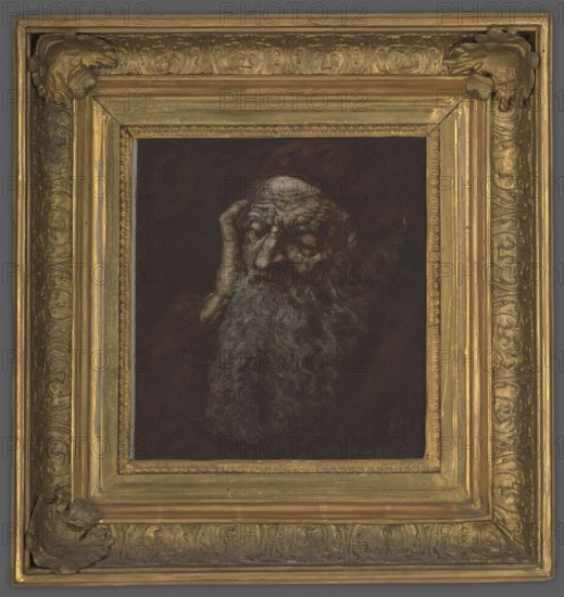 Saint Jerome, copy after a copperplate engraving by Dürer, unknown author, Dutch painting. Portrait of an old man shown from the chest, face in three quarters. He wears a brown-burgundy headdress with curly gray locks showing. The face is lined with wrinkles, eyes closed, prominent nose above a thick long gray beard reaching the chest. Right hand is close to his face, fingers bent touching the forehead. Figure's body lost in darkness, illuminated only by face, hand, and part of a brown-burgundy cuff. On the face of the painting at the top left is a tie-signature AD 1521. Piwkowski believes this is Saint Jerome, painted by an unknown artist imitating Dürer; the iconographic scheme matches Dürer's bust of Saint Jerome from 1521. The painting's meticulous craftsmanship gives the impression of a period pastiche or repetition of an unknown original, similar to the Lisbon composition but limited to the saint's head with closed eyes and lacking attributes such as a crucifix, book, and skull. ...