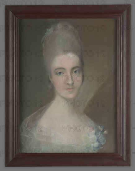 Helena Radziwill, née Przezdziecka 1753–1821, attributed to an unknown author and Louis François Marteau ca. 1715–1804 from the artist's circle; Lady in a muslin scarf, with a bouquet of white flowers at her neckline; powdered hairstyle with a sprig of flowers on top of her head; blue eyes framed by dark eyebrows, light complexion with blush; golden-gray background; ca. 1770, Poland; portrait; height 53.6 cm, width 40 cm, A framed painted portrait of a woman shown from the shoulders up, with pale skin, blue eyes, and a high powdered hairstyle adorned with a small floral decoration; she wears a sheer off-the-shoulder garment and a small cluster of flowers at one shoulder. The background is a muted gradient of dark green and brown tones. The frame is wooden and dark reddish-brown. Colors visible include pale skin tones, white, light blue, pink, green, dark green, brown, and reddish-brown.